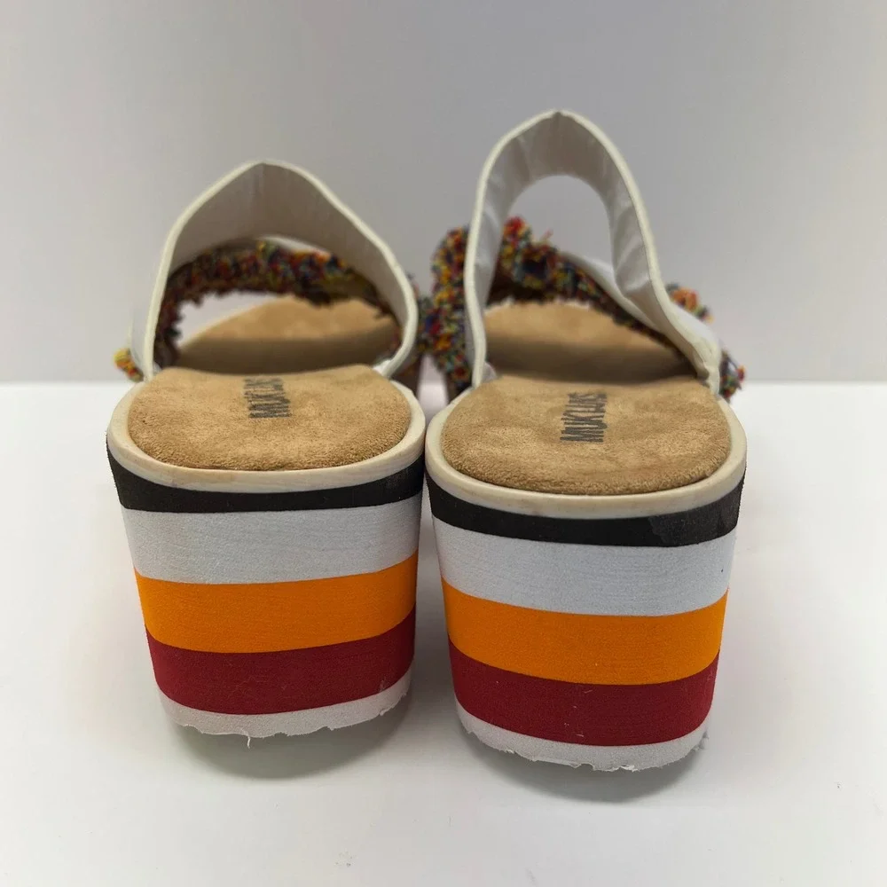 MUK LUKS Womens White Multi Fringe Striped Platform Wedge Slide Sandals Size 8